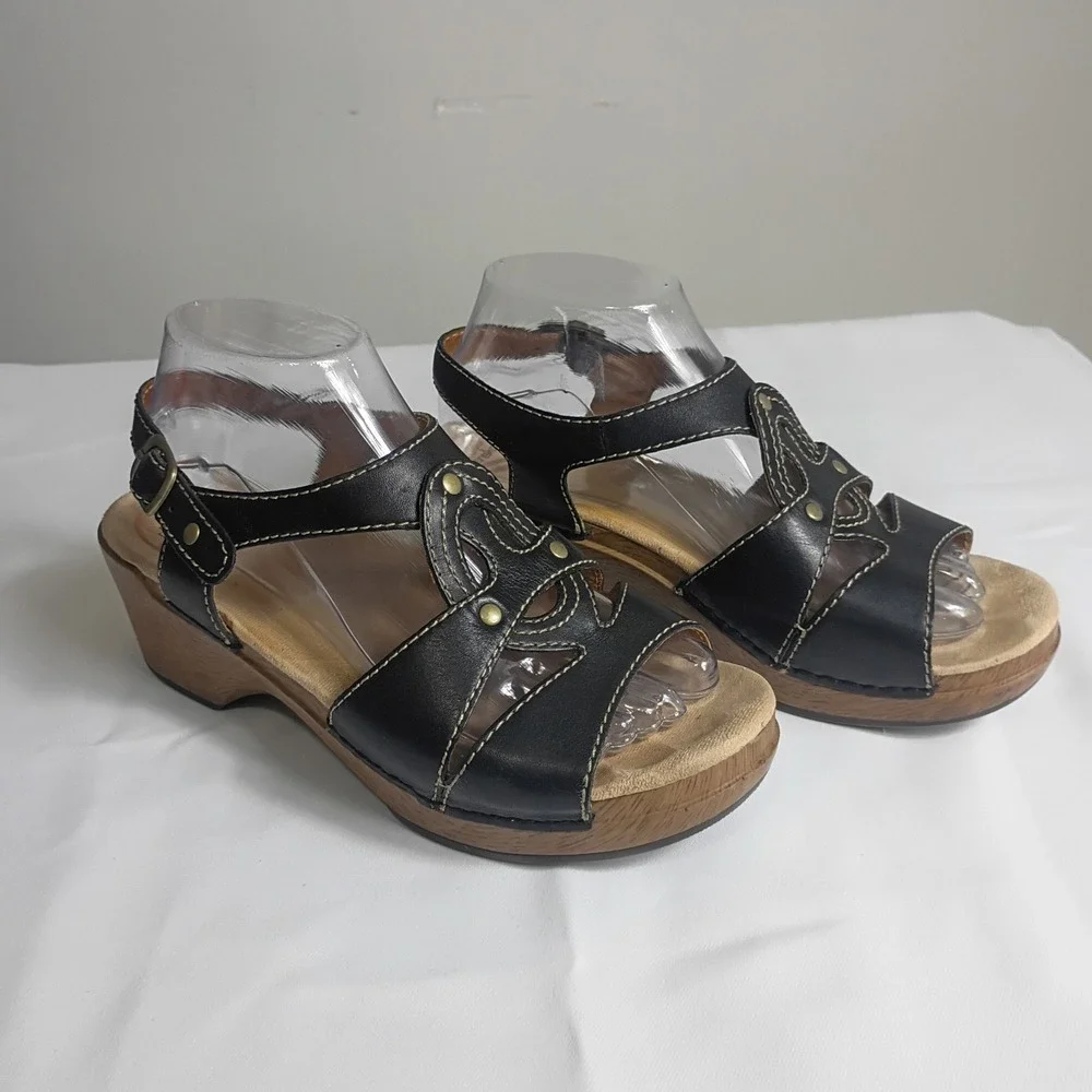 Dansko Sigrid Leather Wedge Sandals Size 39 /US 8.5 Black Strappy Casual Summer
